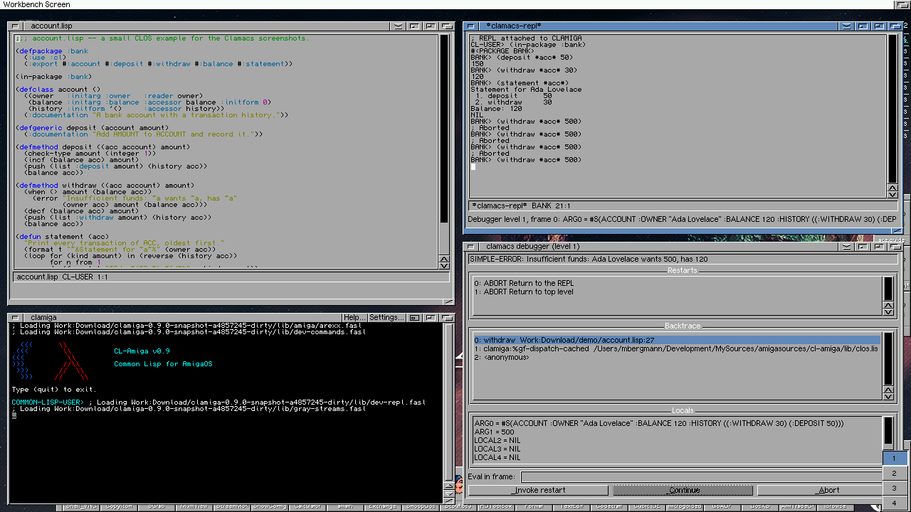 The Clamacs debugger window: condition, restarts, backtrace, frame locals