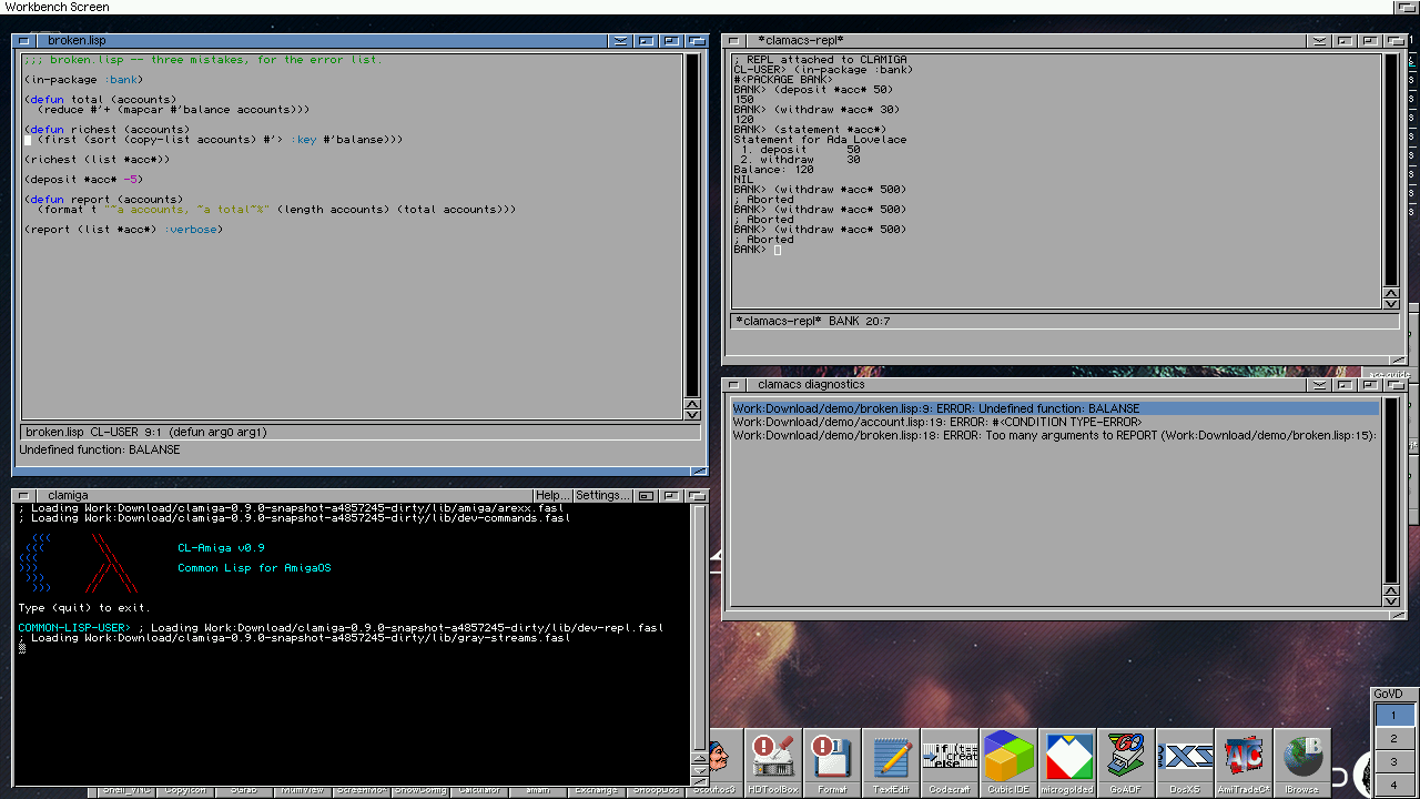 The Clamacs diagnostics window after loading a file with mistakes