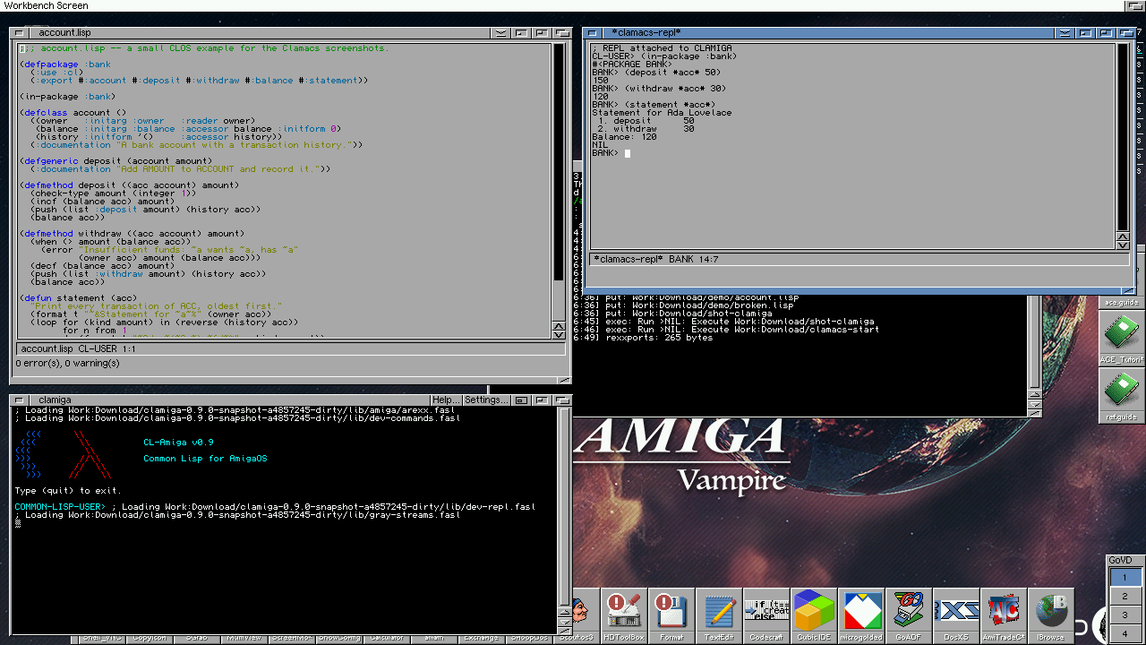 Clamacs on AmigaOS 3.2: the editor, the REPL window and the clamiga console