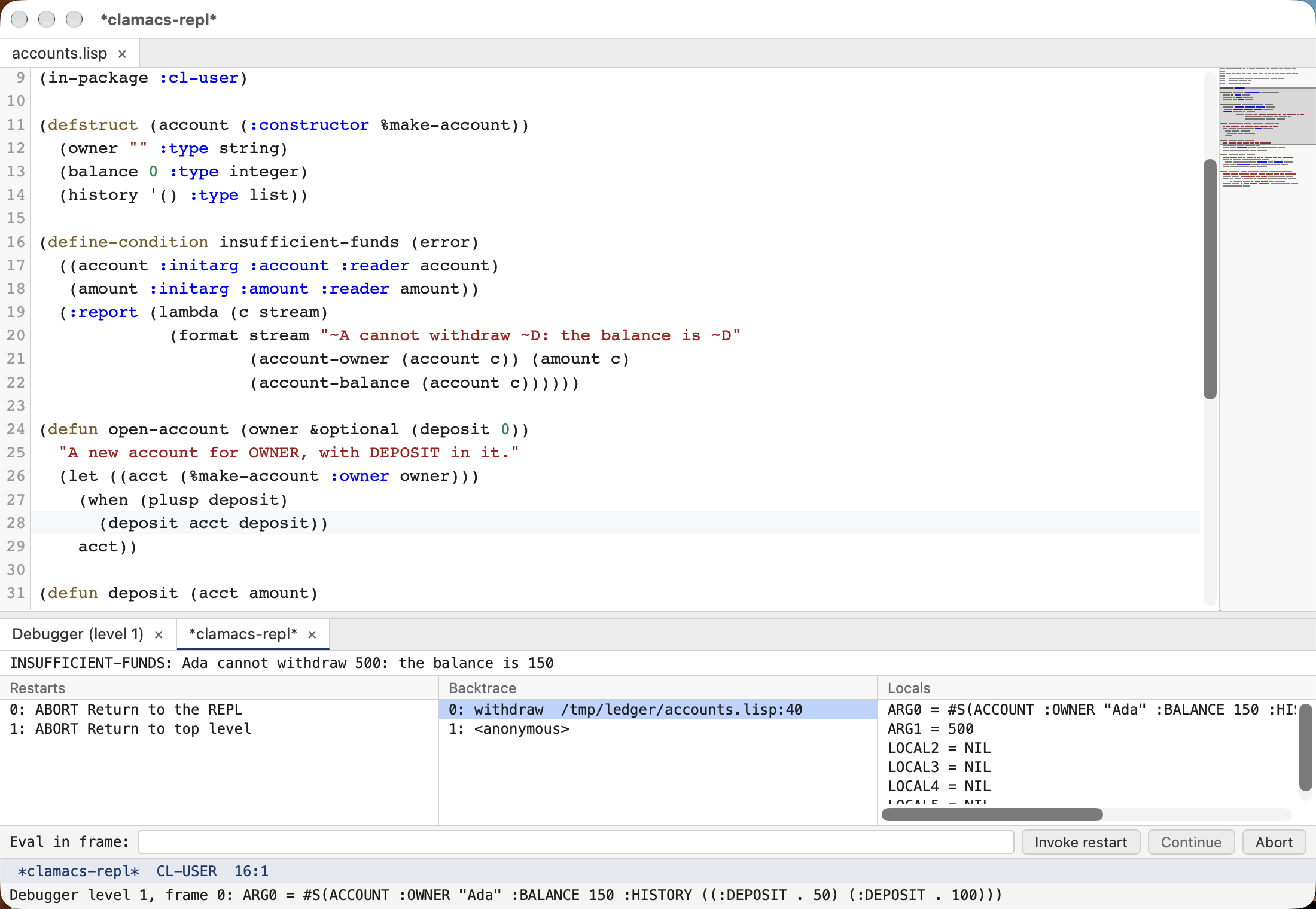 Clamacs on macOS: the debugger panel